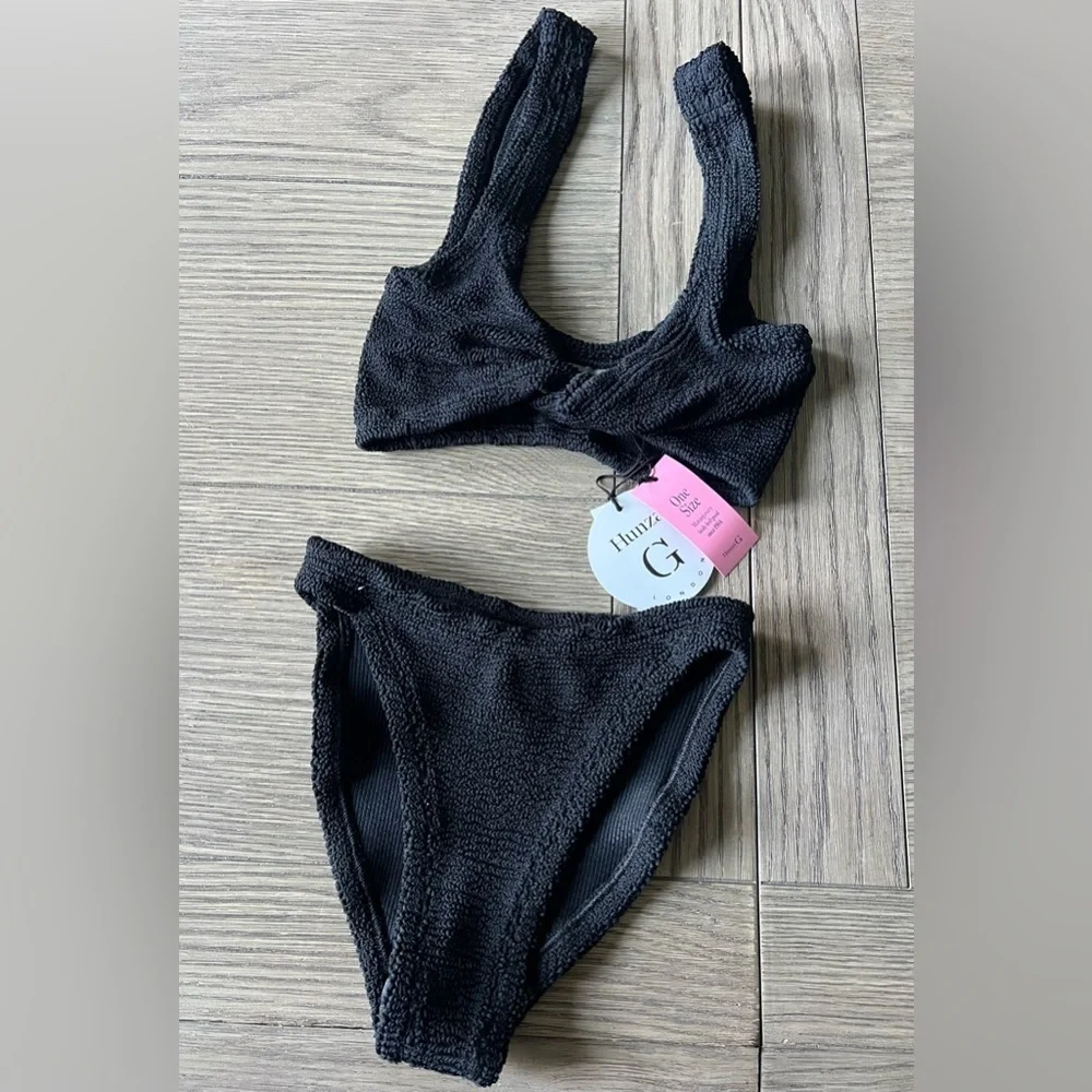 Hunza G Juno Crinkle Twist Two-Piece Swimsuit Black OS NWT 270$